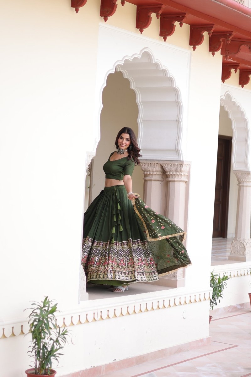 VICHITRA SILK HEAVY SEQUINS AND TREAD EMBROIDERED LEHENGA CHOLI WITH DUPATTA (WDN87) - suitswala
