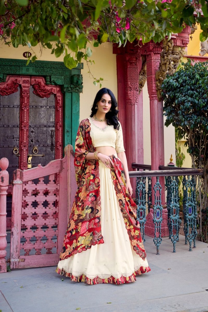 VICHITRA SILK THREAD EMBROIDERED AND KALAMKARI PRINTED LEHENGA CHOLI WITH DUPATTA (WDN89) 01 - suitswala
