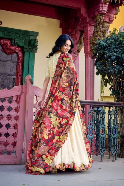 VICHITRA SILK THREAD EMBROIDERED AND KALAMKARI PRINTED LEHENGA CHOLI WITH DUPATTA (WDN89) 01 - suitswala