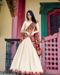 VICHITRA SILK THREAD EMBROIDERED AND KALAMKARI PRINTED LEHENGA CHOLI WITH DUPATTA (WDN89) 01