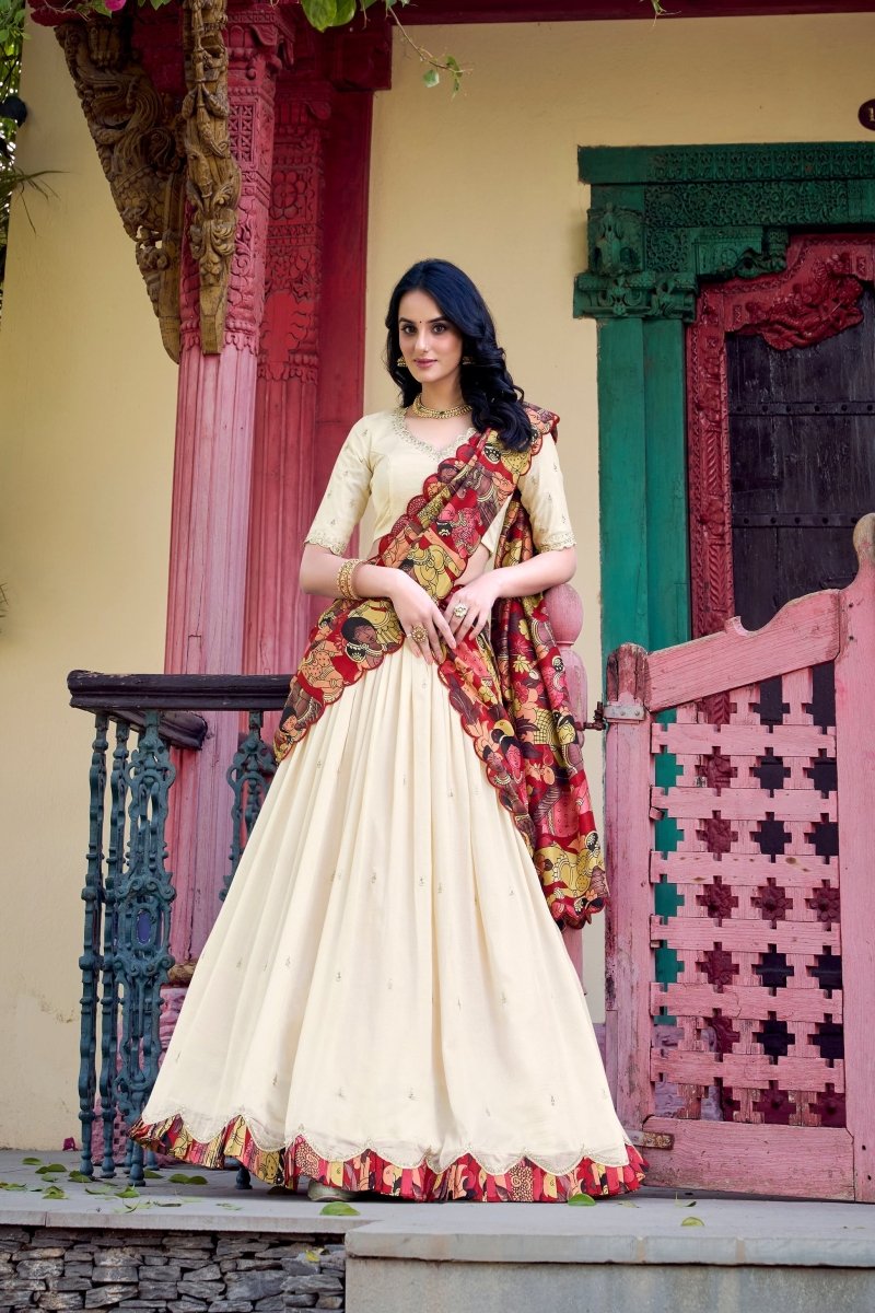 VICHITRA SILK THREAD EMBROIDERED AND KALAMKARI PRINTED LEHENGA CHOLI WITH DUPATTA (WDN89) 01 - suitswala