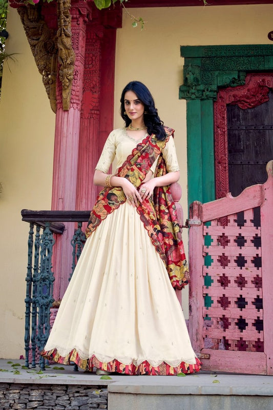 VICHITRA SILK THREAD EMBROIDERED AND KALAMKARI PRINTED LEHENGA CHOLI WITH DUPATTA (WDN89) 01 - suitswala