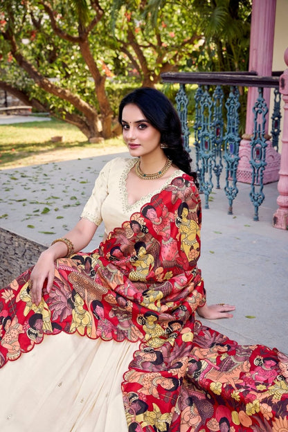 VICHITRA SILK THREAD EMBROIDERED AND KALAMKARI PRINTED LEHENGA CHOLI WITH DUPATTA (WDN89) 01 - suitswala