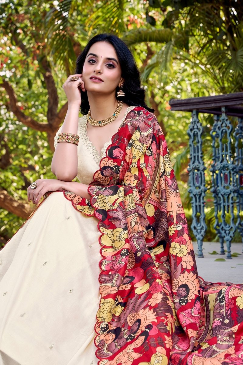 VICHITRA SILK THREAD EMBROIDERED AND KALAMKARI PRINTED LEHENGA CHOLI WITH DUPATTA (WDN89) 01 - suitswala