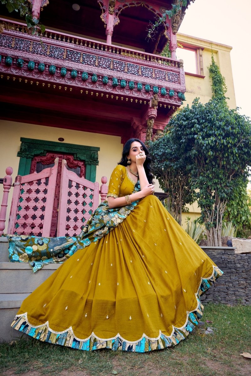 VICHITRA SILK THREAD EMBROIDERED AND KALAMKARI PRINTED LEHENGA CHOLI WITH DUPATTA (WDN89) 03 - suitswala