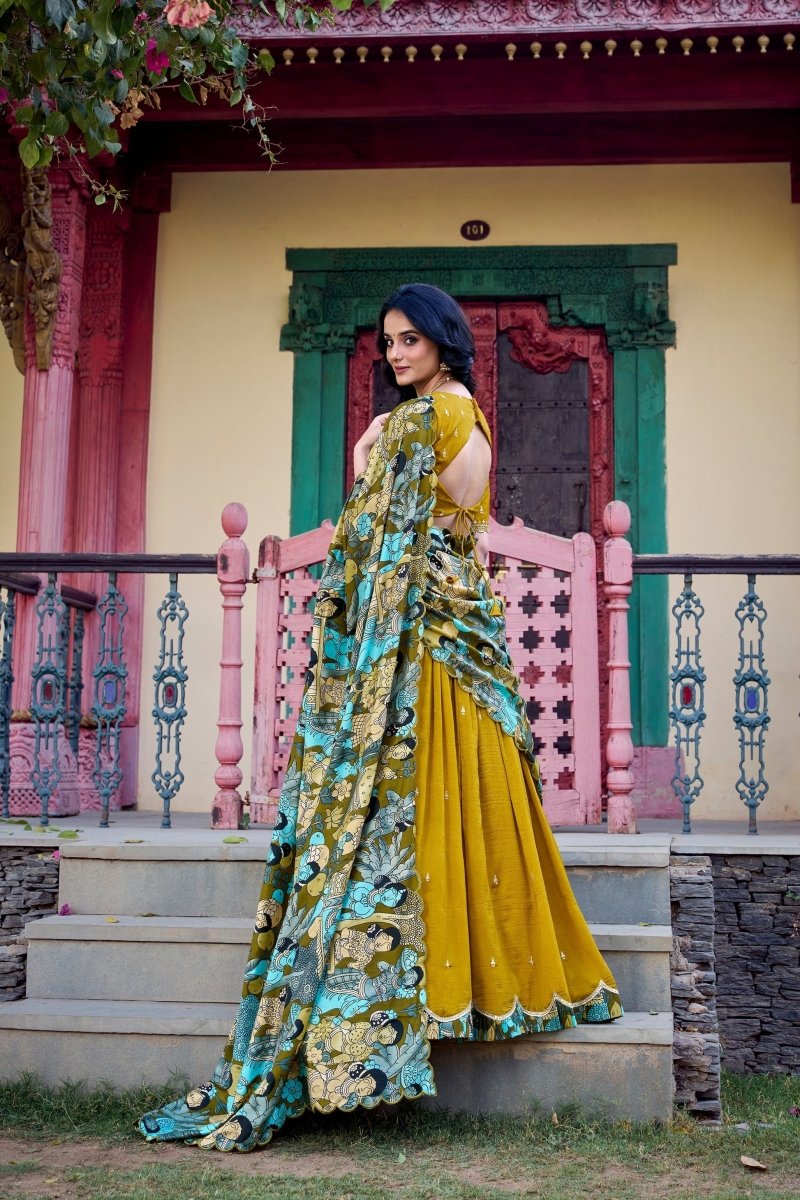 VICHITRA SILK THREAD EMBROIDERED AND KALAMKARI PRINTED LEHENGA CHOLI WITH DUPATTA (WDN89) 03 - suitswala