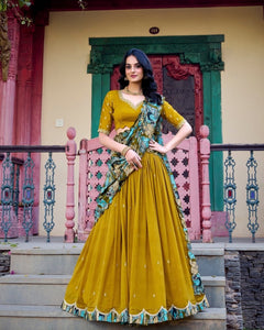 VICHITRA SILK THREAD EMBROIDERED AND KALAMKARI PRINTED LEHENGA CHOLI WITH DUPATTA (WDN89) 03