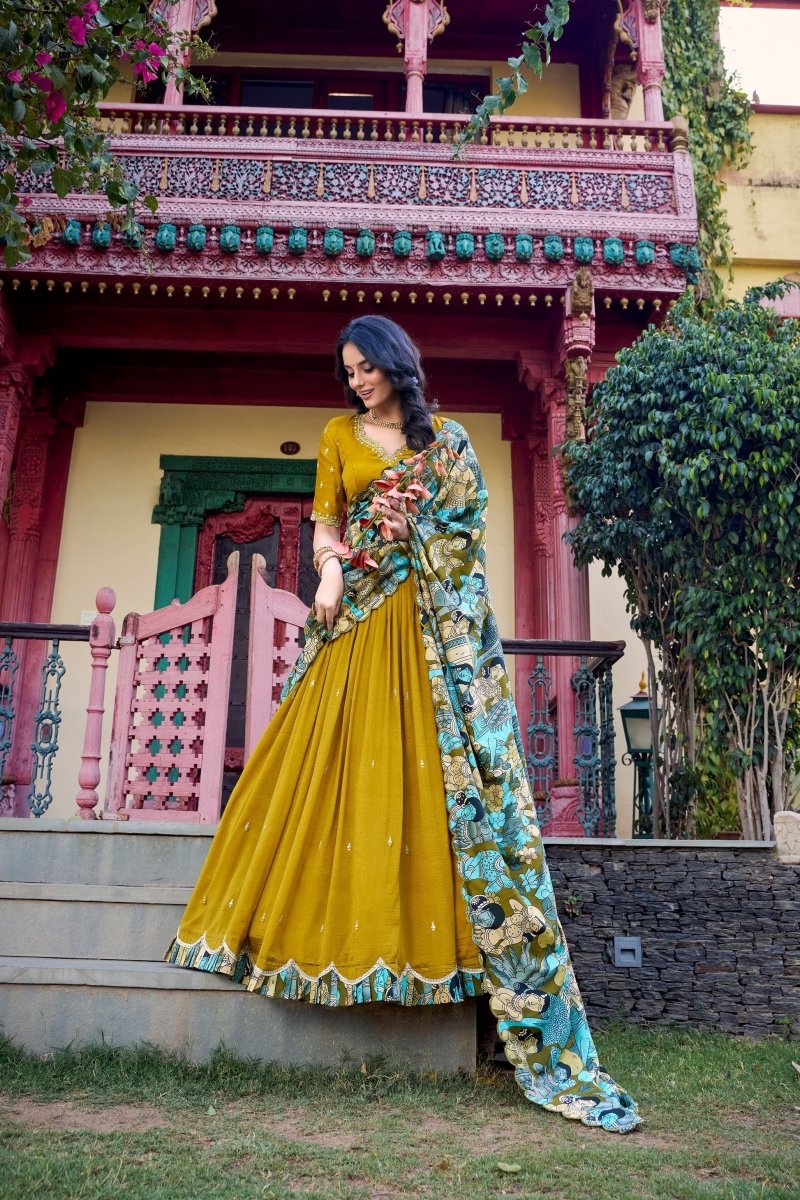 VICHITRA SILK THREAD EMBROIDERED AND KALAMKARI PRINTED LEHENGA CHOLI WITH DUPATTA (WDN89) 03 - suitswala
