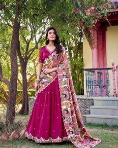 VICHITRA SILK THREAD EMBROIDERED AND KALAMKARI PRINTED LEHENGA CHOLI WITH DUPATTA (WDN89)