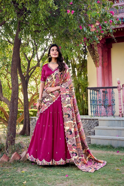 VICHITRA SILK THREAD EMBROIDERED AND KALAMKARI PRINTED LEHENGA CHOLI WITH DUPATTA (WDN89) - suitswala