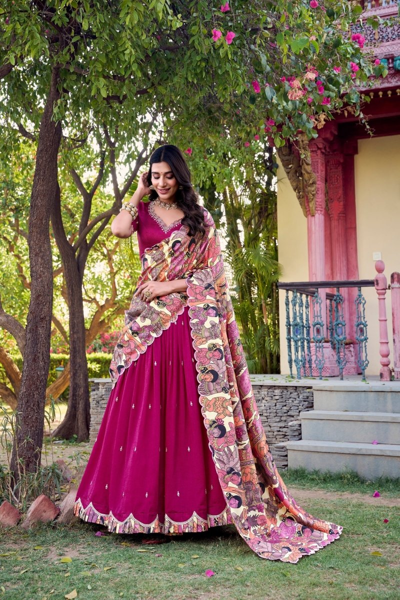 VICHITRA SILK THREAD EMBROIDERED AND KALAMKARI PRINTED LEHENGA CHOLI WITH DUPATTA (WDN89) - suitswala