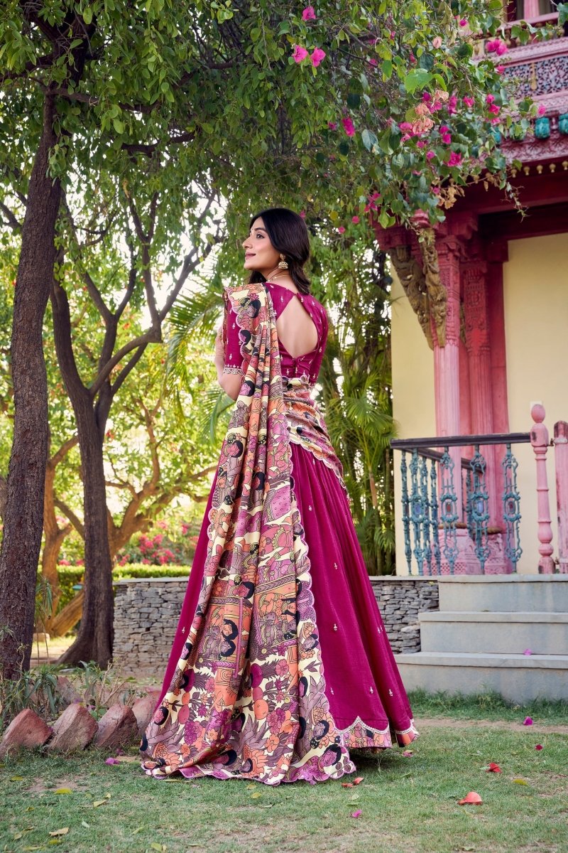 VICHITRA SILK THREAD EMBROIDERED AND KALAMKARI PRINTED LEHENGA CHOLI WITH DUPATTA (WDN89) - suitswala