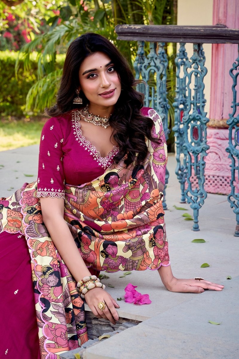 VICHITRA SILK THREAD EMBROIDERED AND KALAMKARI PRINTED LEHENGA CHOLI WITH DUPATTA (WDN89) - suitswala