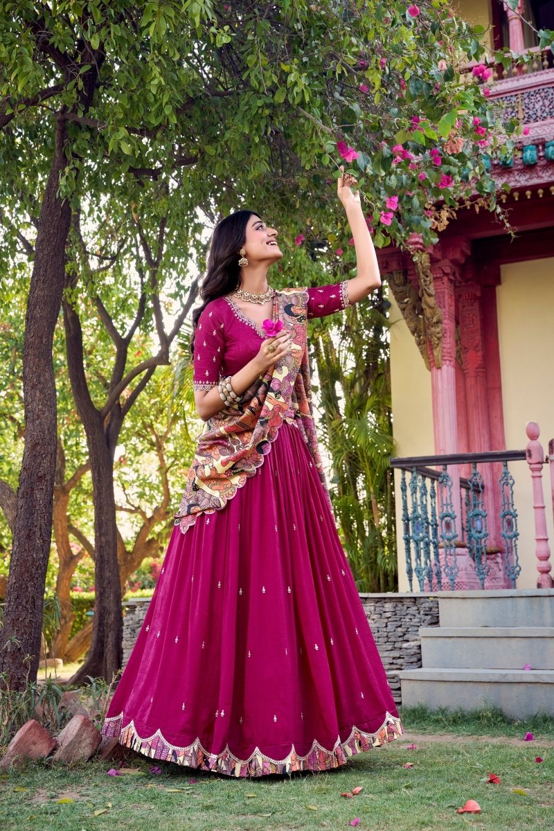 VICHITRA SILK THREAD EMBROIDERED AND KALAMKARI PRINTED LEHENGA CHOLI WITH DUPATTA (WDN89) - suitswala