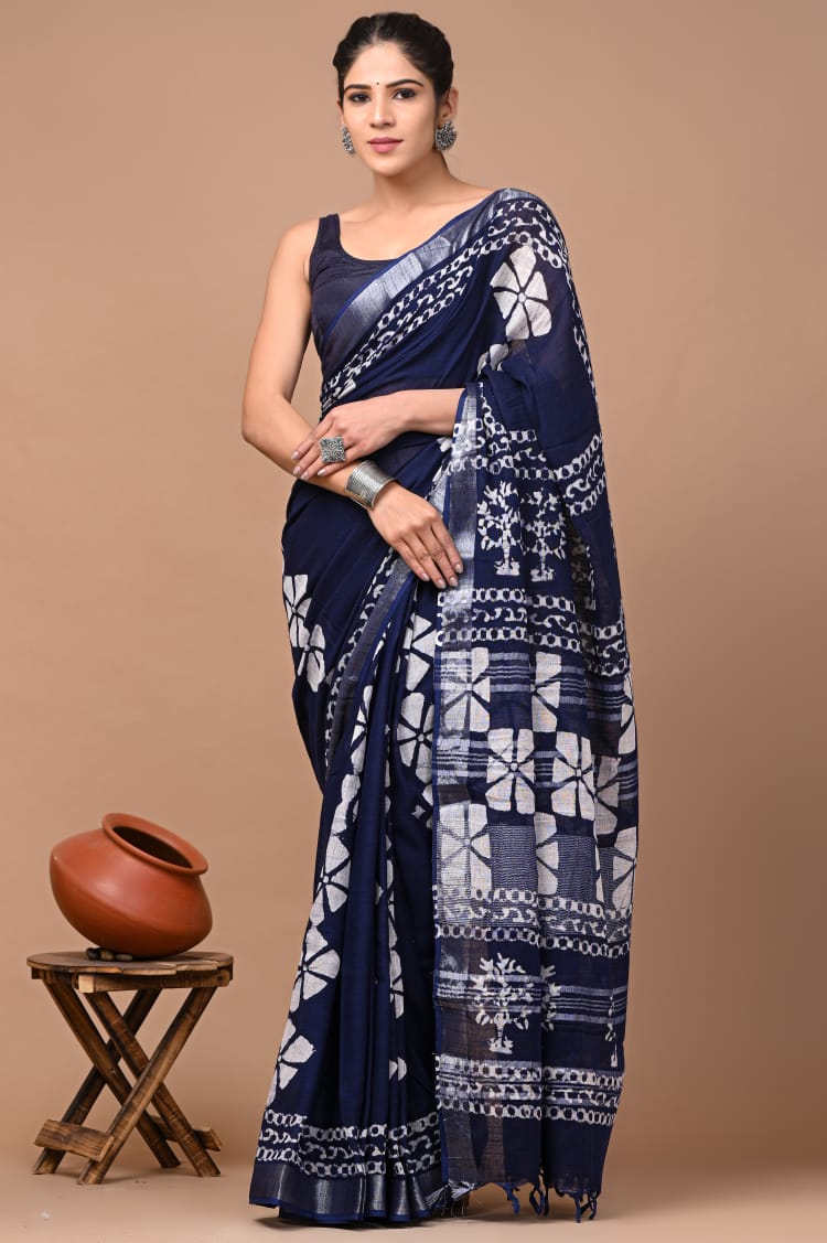 Hand Block Printed Linen Saree With Unstitched Blouse (SWSRLIL01)