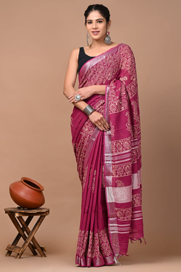 Hand Block Printed Linen Saree With Unstitched Blouse (SWSRLIL02)