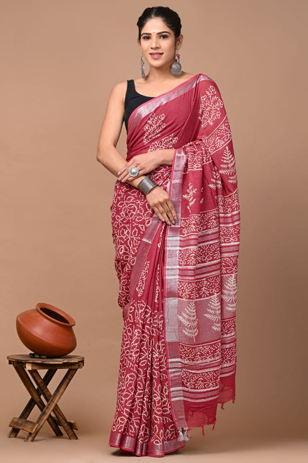 Hand Block Printed Linen Saree With Unstitched Blouse (SWSRLIL03)