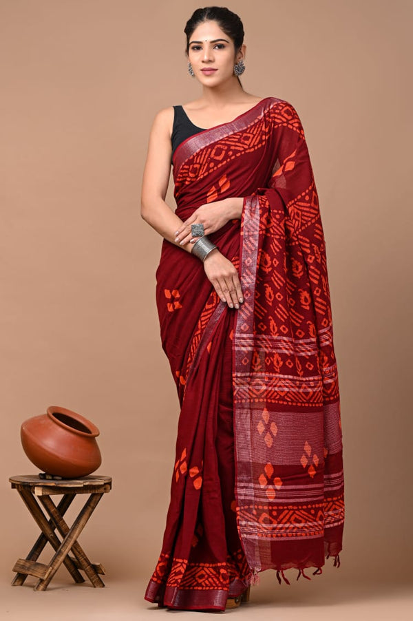 Hand Block Printed Linen Saree With Unstitched Blouse (SWSRLIL04)