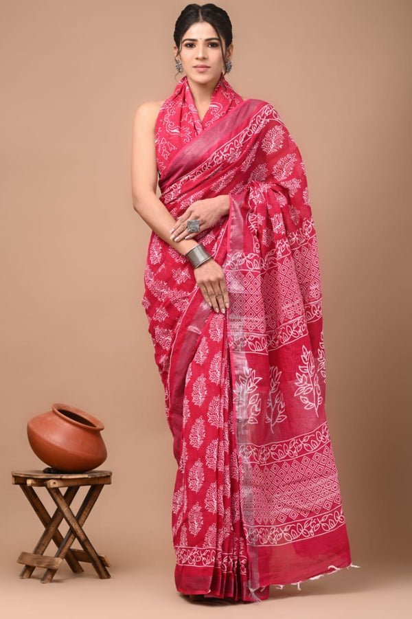 Hand Block Printed Linen Saree With Unstitched Blouse (SWSRLIL05)