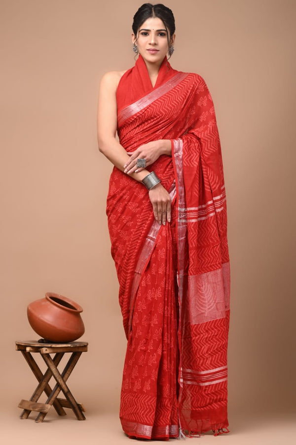 Hand Block Printed Linen Saree With Unstitched Blouse (SWSRLIL06)