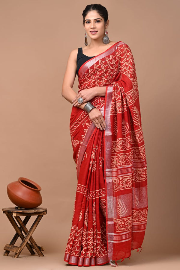 Hand Block Printed Linen Saree With Unstitched Blouse (SWSRLIL07)