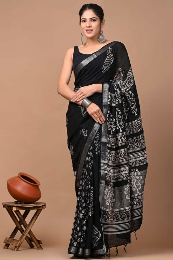 Hand Block Printed Linen Saree With Unstitched Blouse (SWSRLIL08)