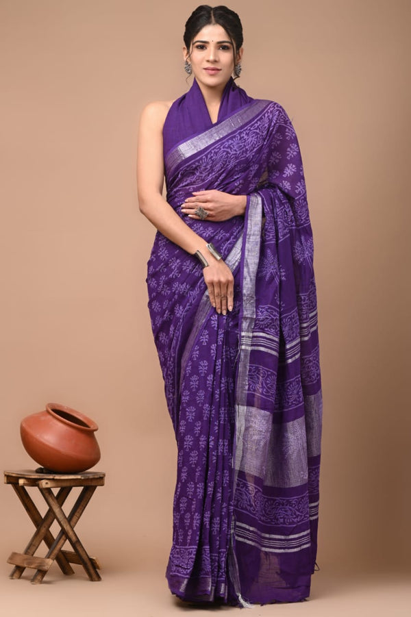 Hand Block Printed Linen Saree With Unstitched Blouse (SWSRLIL09)