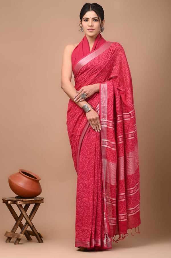 Hand Block Printed Linen Saree With Unstitched Blouse (SWSRLIL10)