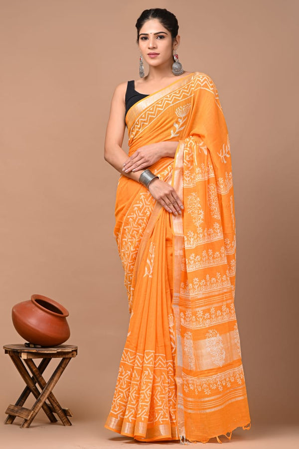 Hand Block Printed Linen Saree With Unstitched Blouse (SWSRLIL11)