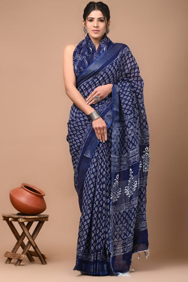 Hand Block Printed Linen Saree With Unstitched Blouse (SWSRLIL14)