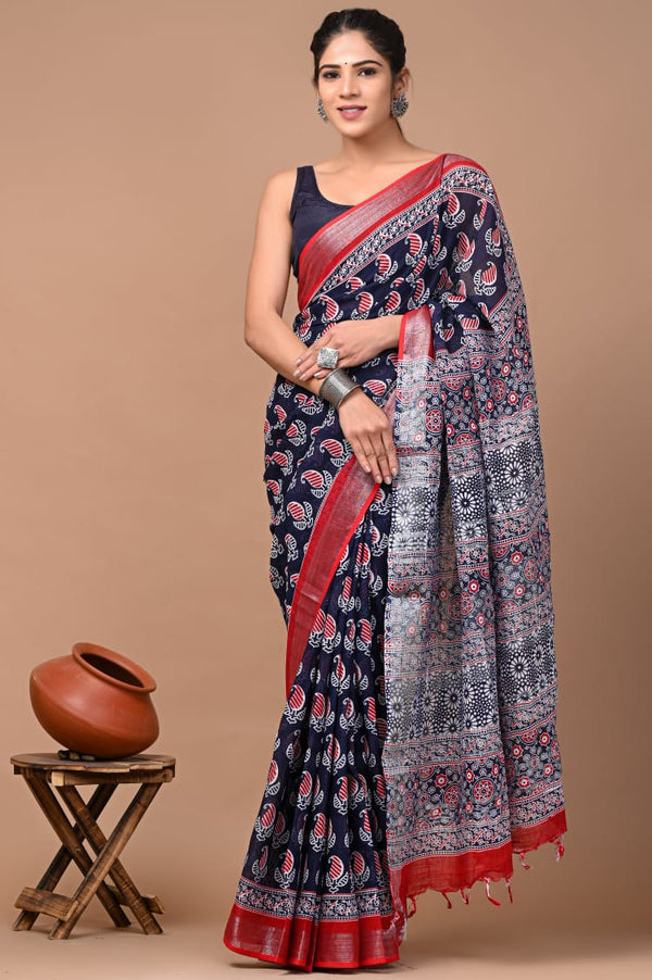 Hand Block Printed Linen Saree With Unstitched Blouse (SWSRLIL13)