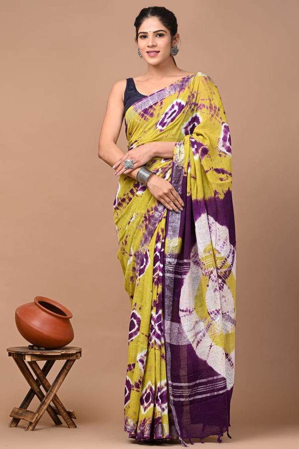 Hand Block Printed Linen Saree With Unstitched Blouse (SWSRLIL15)