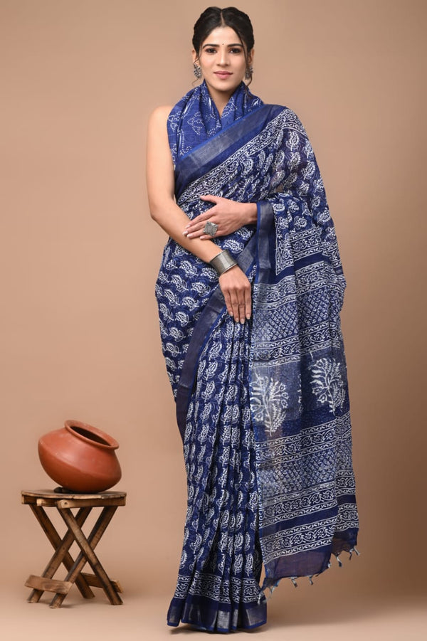 Hand Block Printed Linen Saree With Unstitched Blouse (SWSRLIL16)