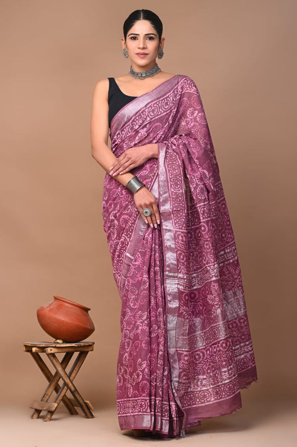 Hand Block Printed Linen Saree With Unstitched Blouse (SWSRLIL17)