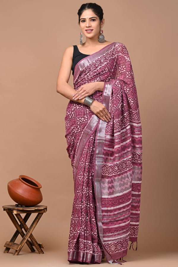 Hand Block Printed Linen Saree With Unstitched Blouse (SWSRLIL18)
