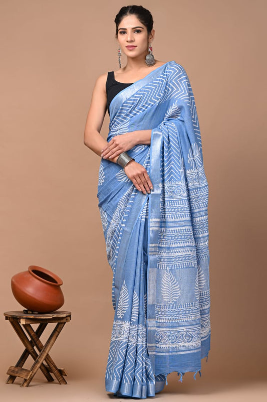 Hand Block Printed Linen Saree With Unstitched Blouse (SWSRLIL19)