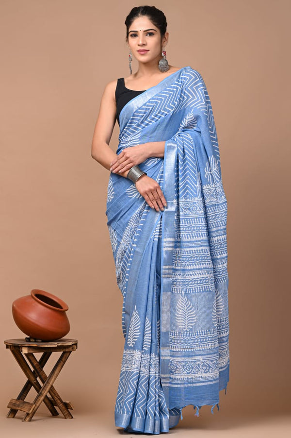Hand Block Printed Linen Saree With Unstitched Blouse (SWSRLIL19)