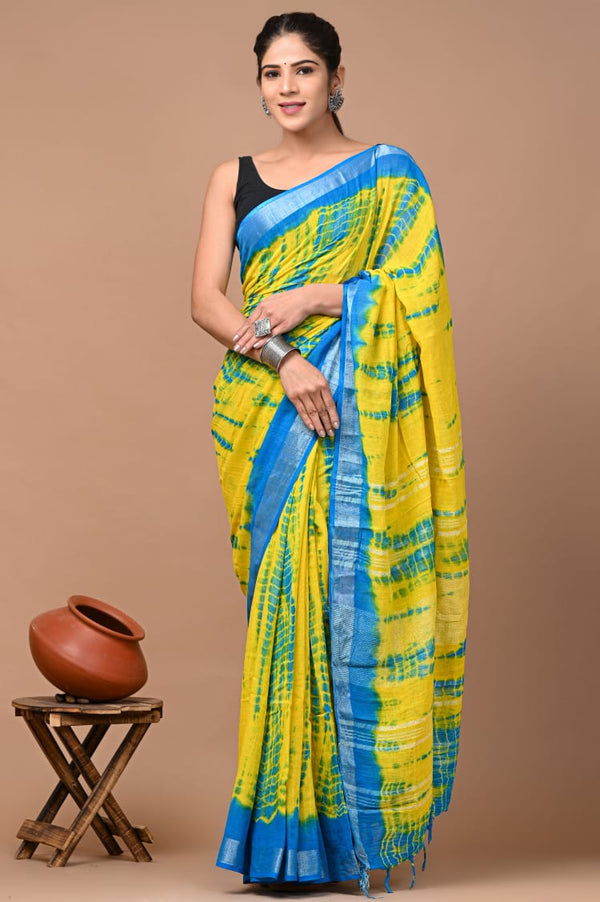 Hand Block Printed Linen Saree With Unstitched Blouse (SWSRLIL20)