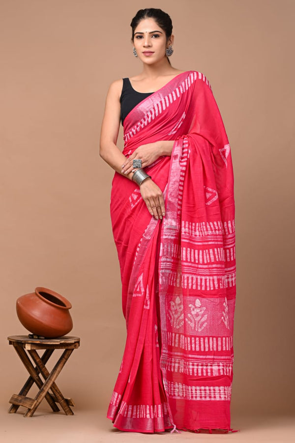 Hand Block Printed Linen Saree With Unstitched Blouse (SWSRLIL21)