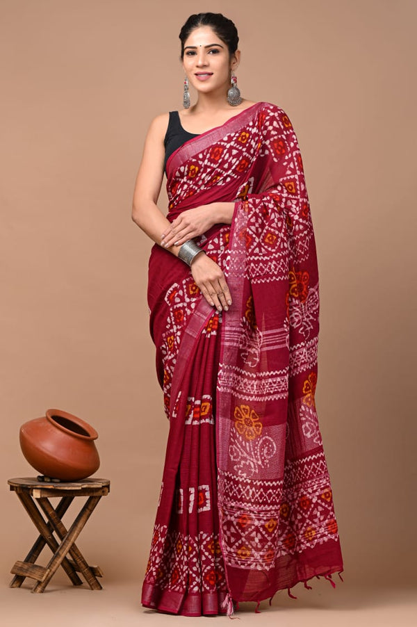 Hand Block Printed Linen Saree With Unstitched Blouse (SWSRLIL22)