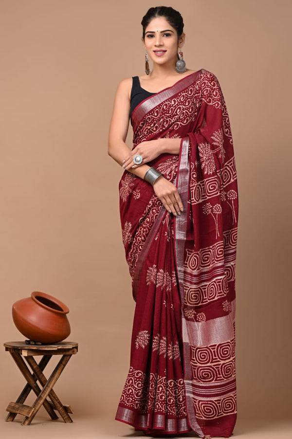 Hand Block Printed Linen Saree With Unstitched Blouse (SWSRLIL23)