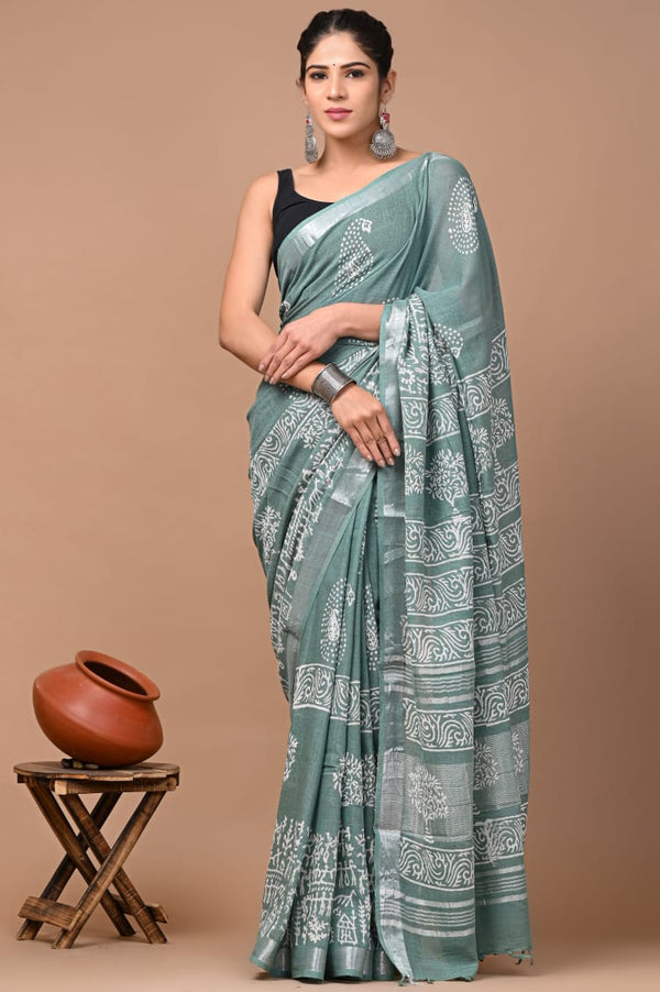 Hand Block Printed Linen Saree With Unstitched Blouse (SWSRLIL24)