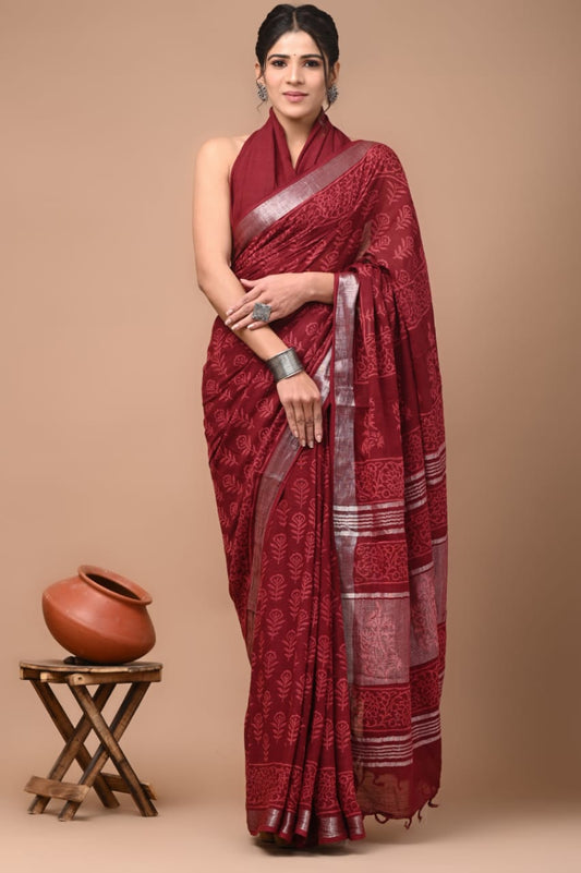 Hand Block Printed Linen Saree With Unstitched Blouse (SWSRLIL25)