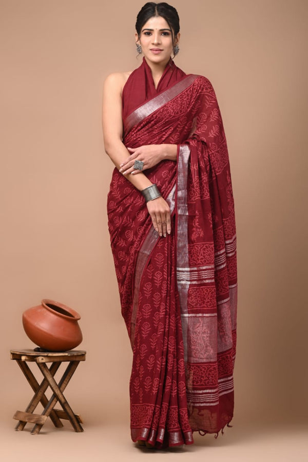 Hand Block Printed Linen Saree With Unstitched Blouse (SWSRLIL25)
