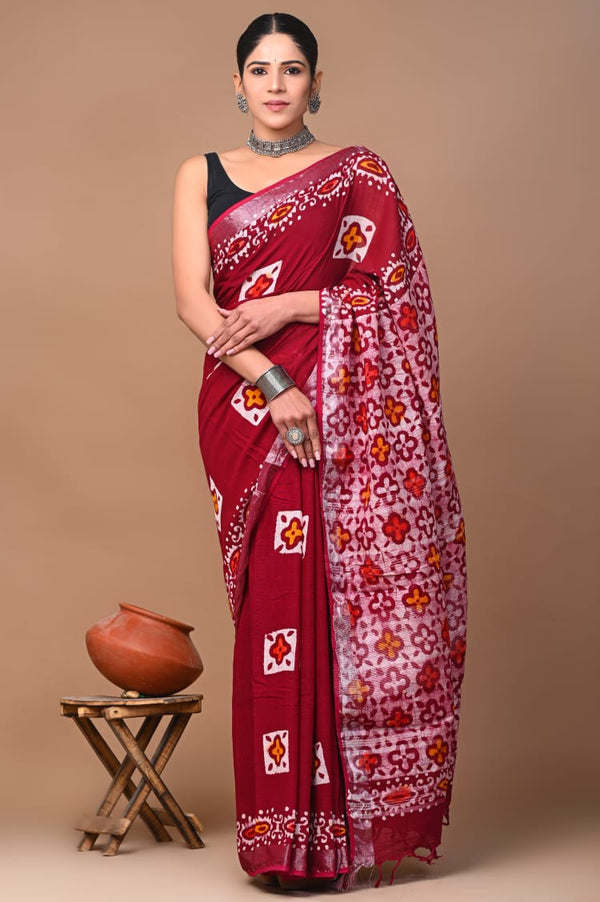 Hand Block Printed Linen Saree With Unstitched Blouse (SWSRLIL26)