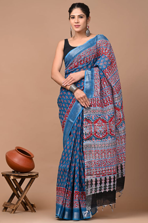 Hand Block Printed Linen Saree With Unstitched Blouse (SWSRLIL27)