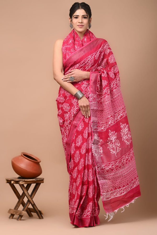 Hand Block Printed Linen Saree With Unstitched Blouse (SWSRLIL28)