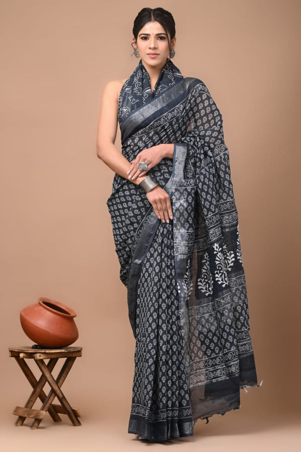 Hand Block Printed Linen Saree With Unstitched Blouse (SWSRLIL29)