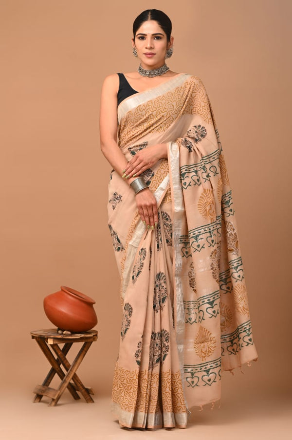 Hand Block Printed Linen Saree With Unstitched Blouse (SWSRLIL30)