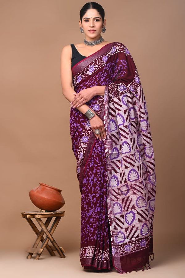 Hand Block Printed Linen Saree With Unstitched Blouse (SWSRLIL31)
